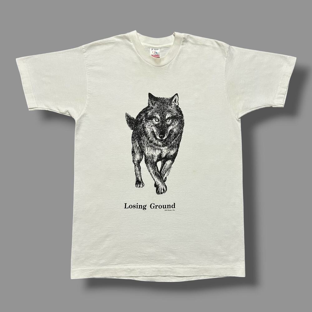 Vintage Wolf Shirt 90s Humanitees Graphic Tee White Single Stitch Mens Medium